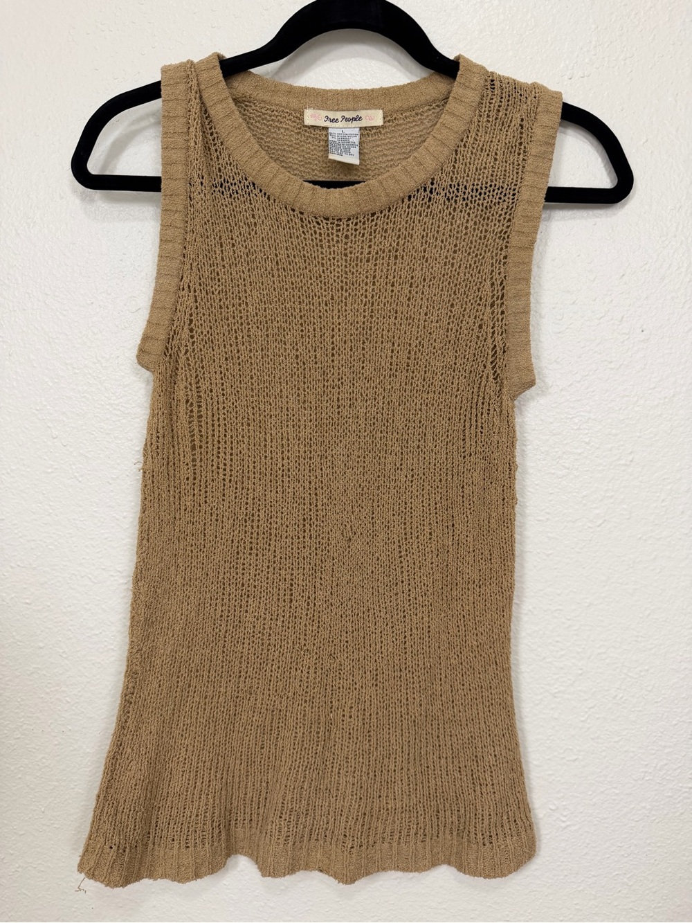 Free People Boho Open Knit Tank Flowy Neutral Layering Top Size L